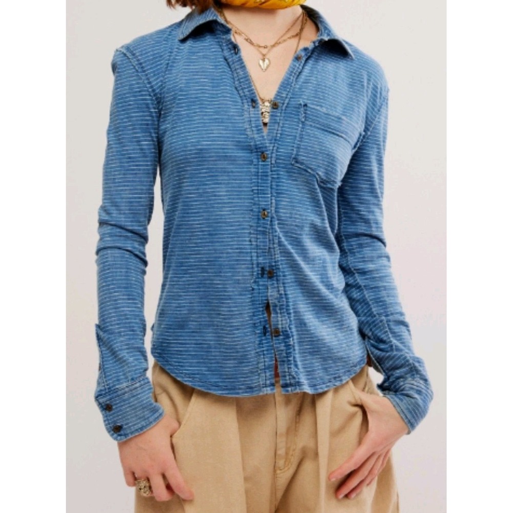 Free People We The Free Ambrose Striped Button Down Blue And White Size XS - Picture 1 of 7